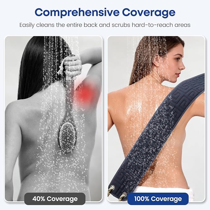 38 Inch Exfoliating Back Scrubber for Shower, Back Washer, Black | Dual Handles Long Bath Exfoliator, Full Back Coverage without Straining, Dual-Sided for Deeper Cleansing, Men & Women Acne