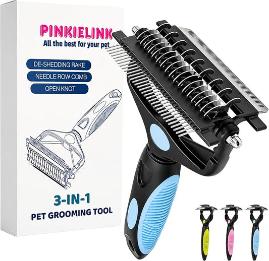 3-IN-1 Pet Grooming Tool - Undercoat Rake, Dematting Comb & Deshedding Brush for Cats, Dogs, Horses - Removes Mats, Tangles & Loose Fur, Reduces Shedding & Prevents Hair Mess (Blue)