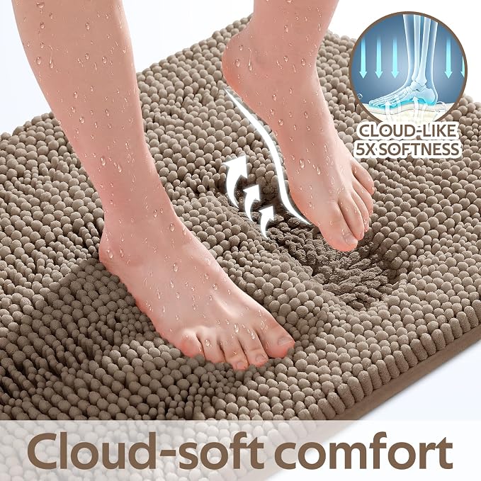ACCUMTEK Striped Dark Beige Bathroom Rug Mat Set 2 piece 32"x20"+60"x20" Ultra Soft, Non Slip Chenille Bath Rugs, Absorbent Plush Shaggy Bath Mats for Bathroom, Bedroom, Kitchen, Shower, Tub,Taupe