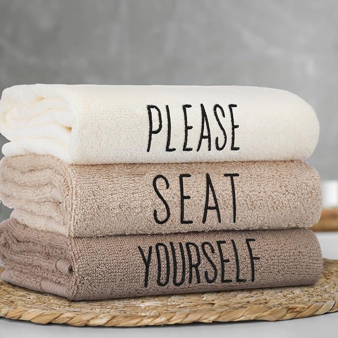 3 Pcs Hand Towels Bathroom Set,Brown,Please Seat Yourself | Embroidered Cotton Farmhouse Towels, Kitchen Decor, Rustic Boho Decorative with Text Labels, Guest Bath Home