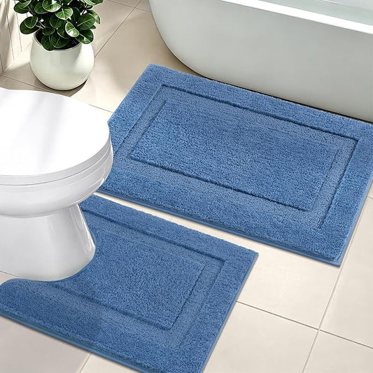 SHACOS Soft Microfiber Bathroom Rugs Set 2 Pieces with Toilet Rug | Absorbent Plush Bath Mat U Shaped Contour Bath Rug, Non Slip Washable Fluffy Bathroom Floor Mats, 32x20+24x20, Blue