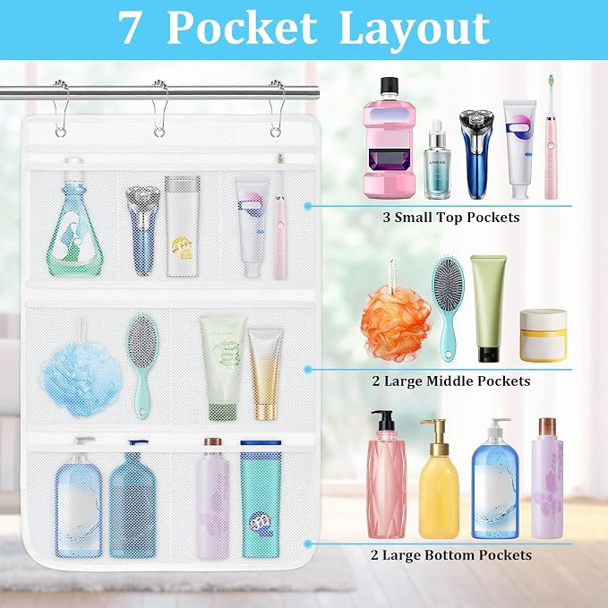 Mesh Shower Organizer for Bath, 2 Pack Mesh Shower Caddy Hanging, Quick Dry | 7 Pockets in Multiple Sizes, 6 Hooks, Portable for Dorms, Gyms, Cruises, Camping, RVs, Toiletry and Travel
