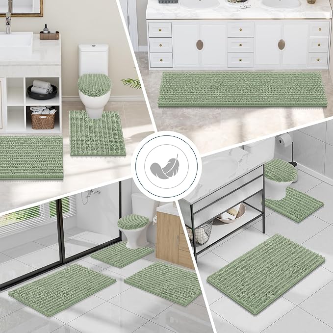 Smiry Bathroom Toilet Rugs U Shaped 24x24, Chenille Bath mats for Toilet | Sage Green Extra Soft Absorbent Non Slip Rubber Backing Contour Bath Rugs for Toilet, Machine Washable Contoured Bath Mats