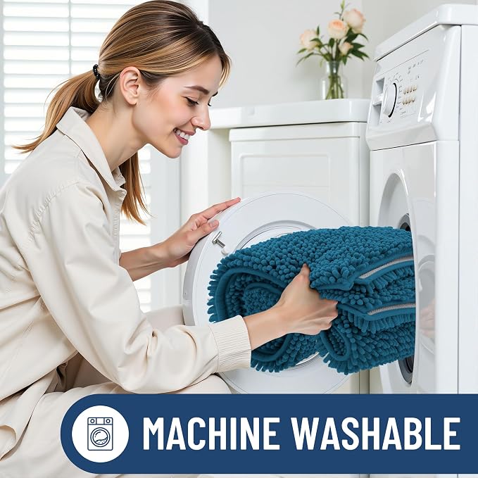 Smiry Chenille Bathroom Rugs Sets 2 Piece (30x20+24x16, Peacock Blue) | Soft Absorbent Machine Washable Non Slip Shaggy Bath Rug Set for Tub, Shower, and Floor, Home Decor