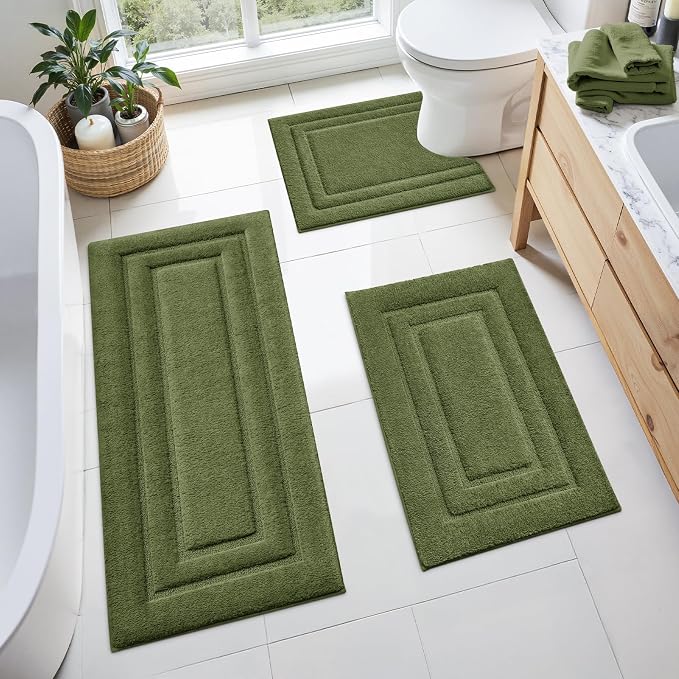 HOMEIDEAS Olive Green Bathroom Rugs Set of 3, Non Slip Bath Runners | Super Absorbent, Plush Microfiber, Machine Washable, Stain Resistant, Easy Care, Perfect for Modern Bathroom Decor