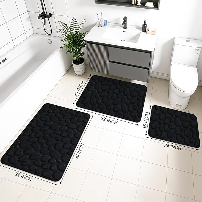 Stone Bath Mats, Non-Slip Memory Foam Bathroom Rug, 16x24 Black | TPR Rubber Backing,Ultra Soft,Highly Absorbent,Machine Washable,Quick Dry for Tub and Shower, Home Decor Accessories