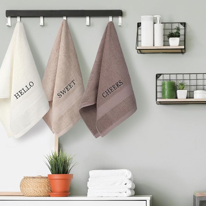 3 Pcs Hand Towels Bathroom Set,Brown,Hello Sweet Cheeks | Embroidered Cotton Farmhouse Towels, Kitchen Decor, Rustic Boho Decorative with Text Labels, Guest Bath Home