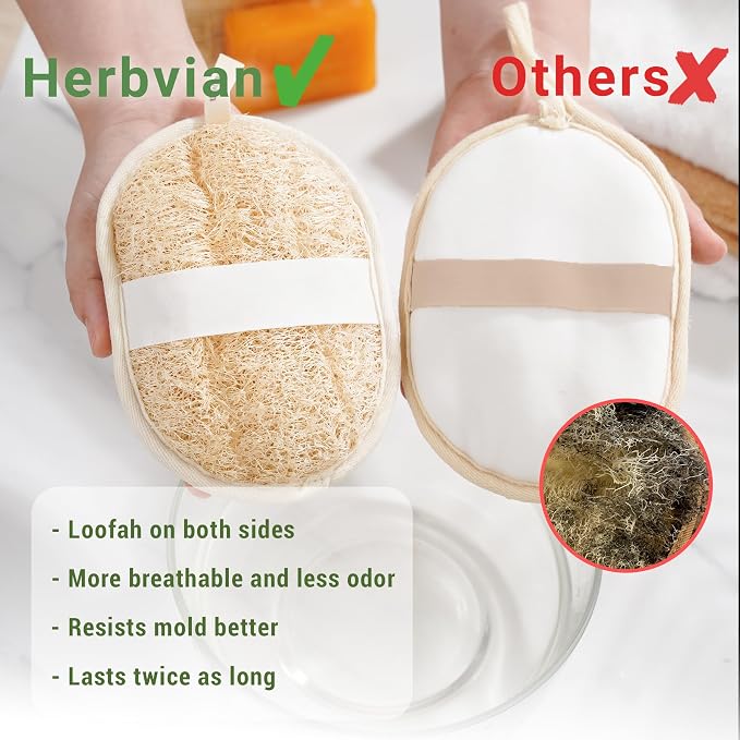 Natural Loofah Exfoliating Body Scrubber Pads for Bath and Shower | Made from 100% plant-based Vietnamese loofah to exfoliate and cleanse skin during baths and showers.