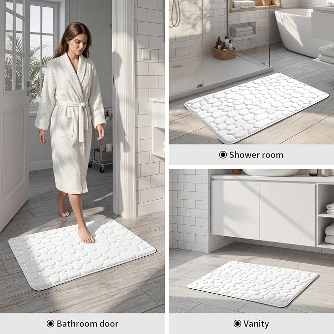 YIHOUSE Bath Mat, Memory Foam, Cobblestone, Bathroom Rugs, 20 x 32, White, Super Water Absorbent, Non-Slip, Machine Washable
