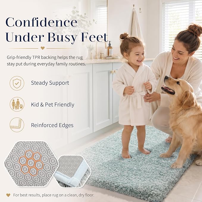 Yimobra Luxury Bathroom Rugs, Fluffy Bath Mats, Non Slip, Water Absorbent Microfiber, Machine Washable, Plush Carpet Shower Rugs, Thick Matts for Bathroom Floor/Tub, 44"x 24", Sky Light Blue and White