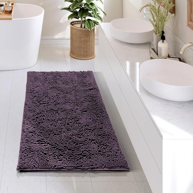 Hearth & Harbor Bathroom Rugs, Chenille Bath Mat - Machine Washable Bath Mats for Bathroom Non-Slip Backing Rubber, Quick Dry Bathroom Mat - Purple 24x36