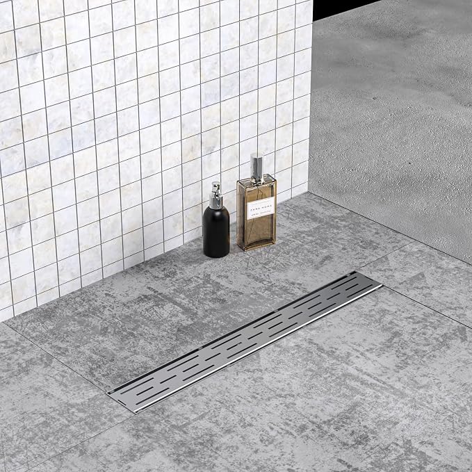 ELLO&ALLO 28 Inch Linear Shower Drain Brushed Nickel, SUS304 Stainless Steel Rectangle Shower Floor Drain with Removable Pattern Grate