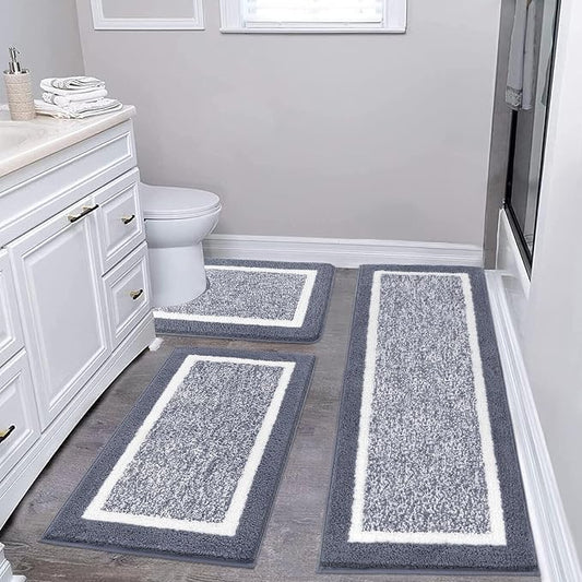 Pauwer Bathroom Rug Sets 3 Piece, Non Slip Washable Bath Mat, Dark Grey | Soft Plush Microfiber, Super Absorbent Floor Carpet, U Shaped Toilet Mats, Quick Dry, Shaggy Shower Rugs Runners