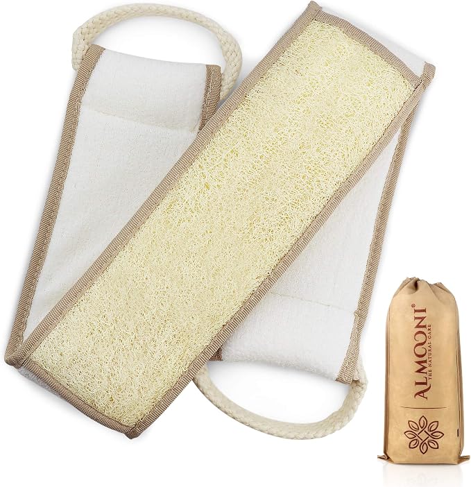 ALMOONI Back Scrubber for Shower, Natural Loofah Sponge, Tan, 1 Count | Natural Egyptian Loofah Sponge, Long Back Scrubber, Cotton Handles, Face & Body, Gentle Exfoliation