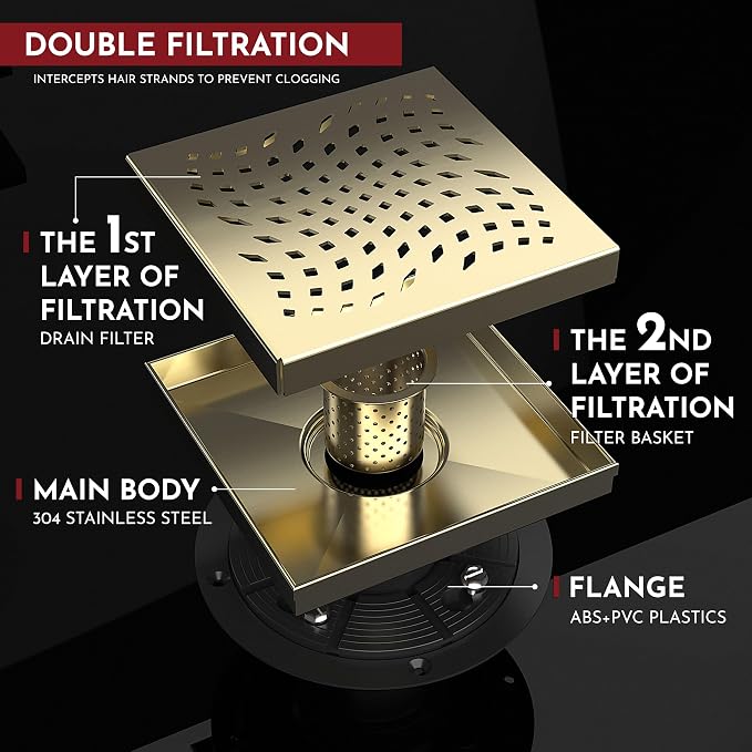 WEBANG 6 Inch Square Shower Drain Gold Floor Drain with Flange Wave-Hole Pattern Cover Grate Removable SUS304 Stainless Steel Watermark&CUPC Certified Brushed Gold