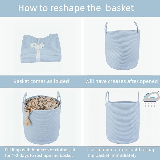 XUANGUO Cotton Rope Laundry Basket Hamper for Clothes Woven Storage Basket for Living Room Bedroom Boho Tall Rope Baskets for Blanket Toys Pillow Towels Baby Nursery Hamper Bin light blue