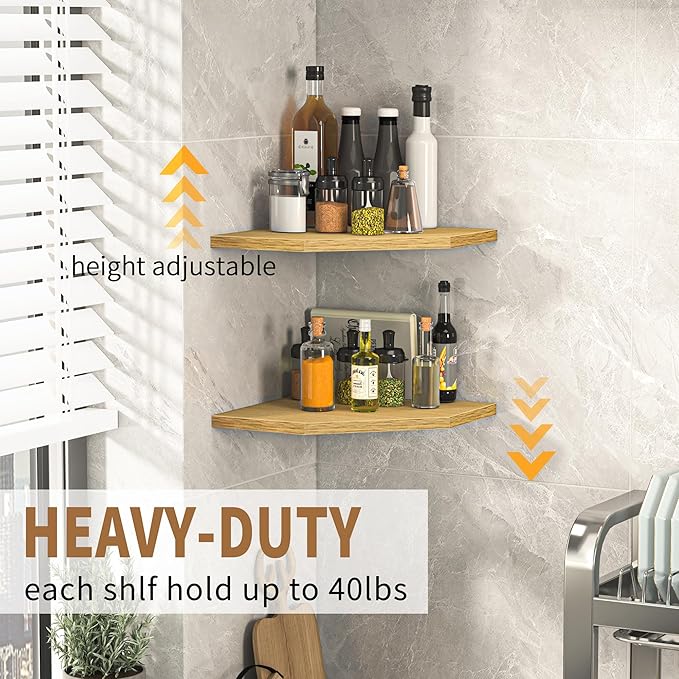 Corner Shelf Wall Mount, Floating Corner Shelves, Set of 2 Corner Wall Shelf Organizer, Rustic Wood Wall Storage Display Shelves for Living Room Bedroom Bathroom Kitchen, Rustic Brown, Oak