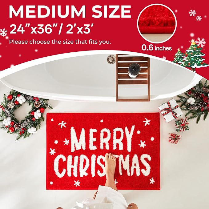 TYUU Christmas Bathroom Rugs, Extra Soft Absorbent Bath Rug Non Slip Washable Bathroom Mat Holiday Xmas Home Decor Indoor Bath Mat, Merry Christmas, 24"x36"