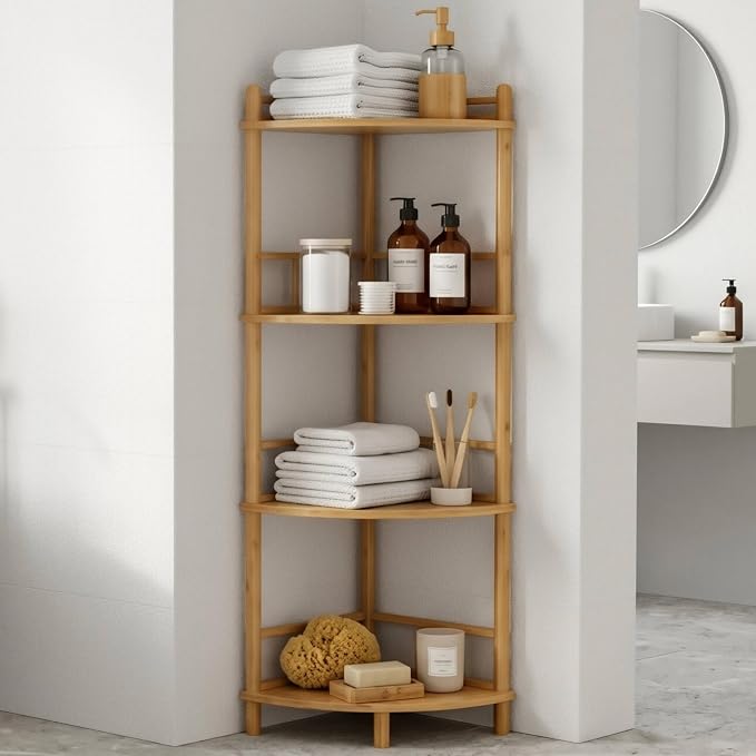 4-Tier Expandable Bamboo Corner Shelf Stand,Corner Bookshelf, Display Storage Shelves with Open Shelves, for Organization and Storage, Living Room, Home Office, Garage (Natural, 4-Tier WithRail)