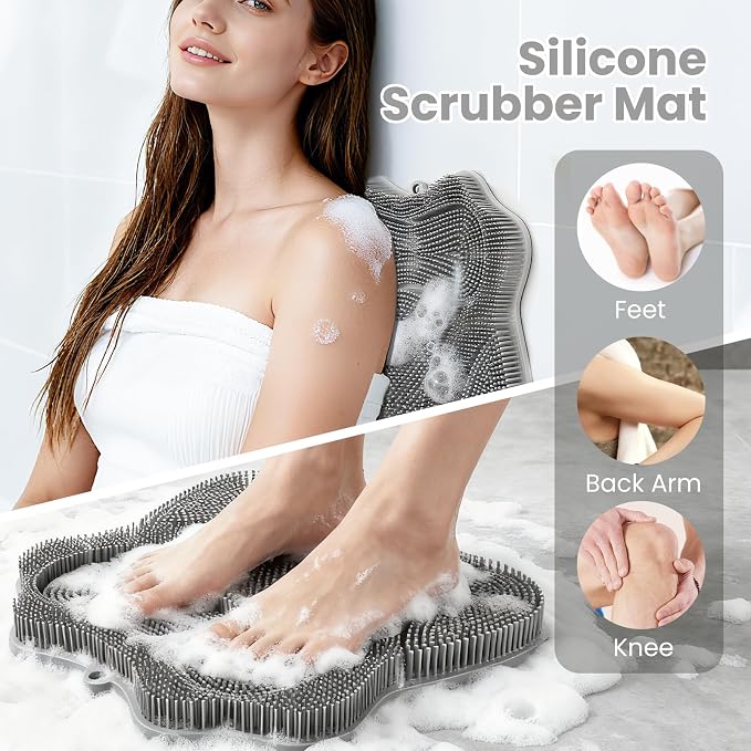 2PACK Shower Foot Scrubber Mat,Wall Mounted Back Scrubber Silicone Bath Massager Cushion Brush with Non-Slip Suction Cups,Foot Scrubber for Use in Shower for Improve Skin Exfoliation