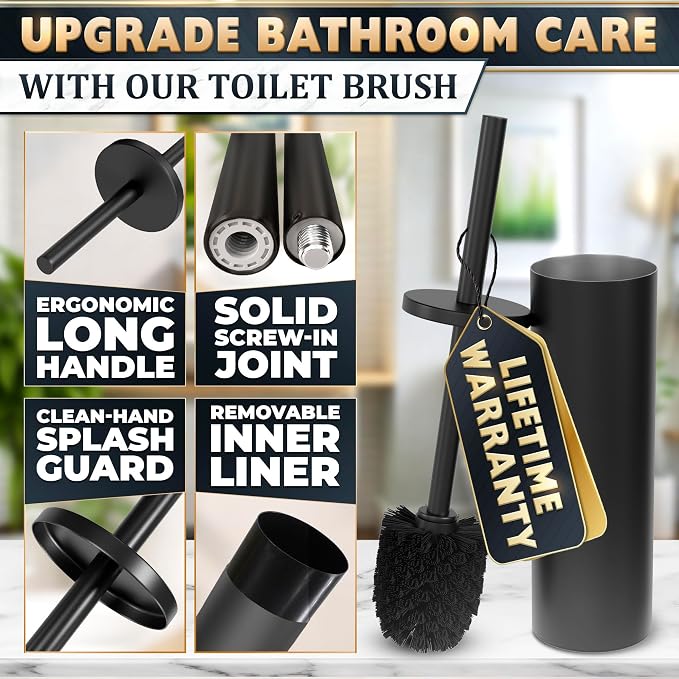 Matte Black Toilet Brush and Holder Set - Stainless Steel Toilet Brush with Holder, Removable Inner Bowl, Replaceable Head, Anti-Splash Guard and Flexible Bristles for Effective Bathroom Cleaning