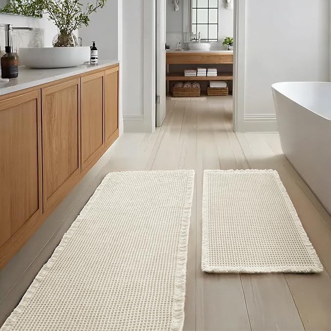 JIUZHEN Set of 2 Waffle Bath Mats Boho Bathroom Runner Rug 20"x32"+24"x60" | Ivory, Non Slip, Super Absorbent, Washable, Ultra Soft, Fast Drying Bath Rug and Bathroom Runner for Kitchen Hallway Laundry