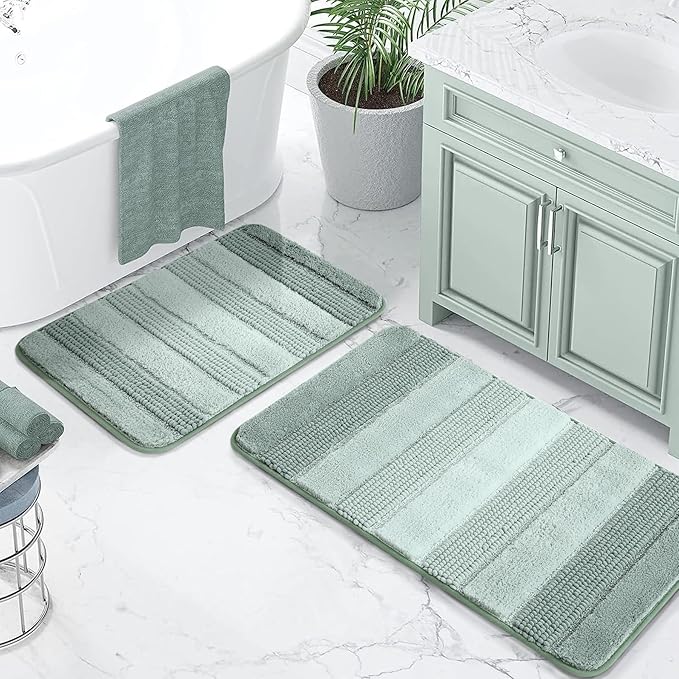 Kmson 2 Pcs Ombre Chenille Bathroom Rugs Set, Non-Slip Shower Mats for Bathroom Floor & Bathtub, Ultra Soft Washable Shaggy Bath Rugs, Thick Absorbent Microfiber Bath Mat Set Green