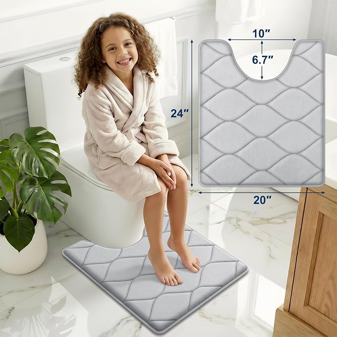 Smiry Memory Foam U-Shaped Toilet Mat 24x20, Soft Absorbent Toilet Rugs | Light Grey, Plush Quick Dry and Machine Washable Cushion Contour Rug for Toilet, Shower, Tub & Home Decor