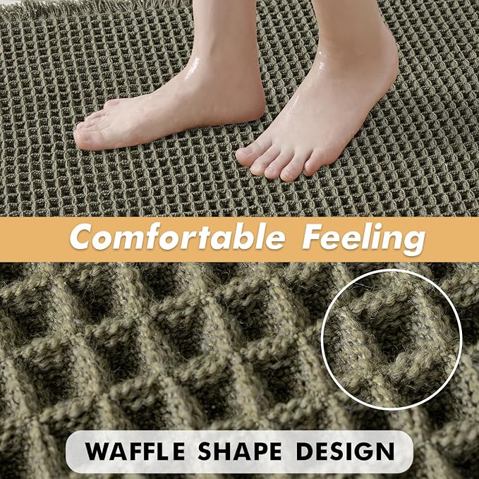 MIULEE Set of 2 Waffle Bathroom Rugs Boho Bath Mat Green 17"x24"+18"x30" | Non Slip, Super Absorbent, Washable, Ultra Soft, Rubber Backed, Small Bath Rugs for Bathroom Floor Tub Shower