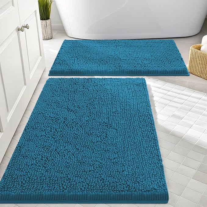 Smiry Chenille Bathroom Rugs Sets 2 Piece (30x20+24x16, Peacock Blue) | Soft Absorbent Machine Washable Non Slip Shaggy Bath Rug Set for Tub, Shower, and Floor, Home Decor