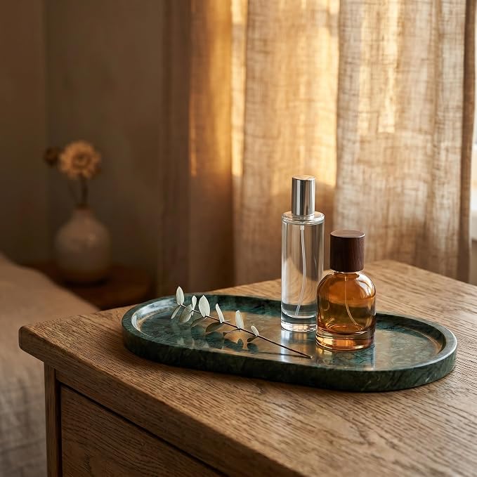 YKAJO Jade Green Oval Marble Tray, 11.8x5.9 Vanity Perfume Organizer Dish | Honed natural stone; jewelry & trinket dish, ring & key holder, soap & candle catchall; bath counter, dresser, coffee table