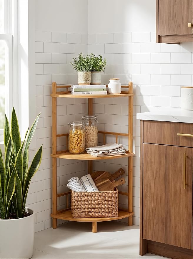 3-Tier Expandable Bamboo Corner Shelf Stand,Corner Bookshelf, Display Storage Shelves with Open Shelves, for Organization and Storage, Living Room, Home Office, Garage (Natural, 3-Tier WithRail)