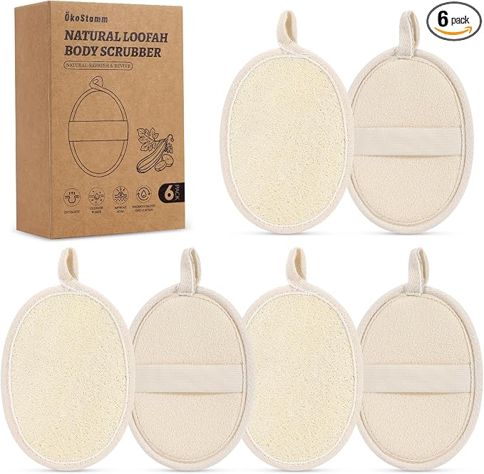 6 Pack Large Size Natural Loofah Body Scrubber for Exfoliating | Sufficient and Durable, Rough Surface for Removing Dead Skin, 6.2*6.3 Inch, Loofah Body Sponge for Women and Men