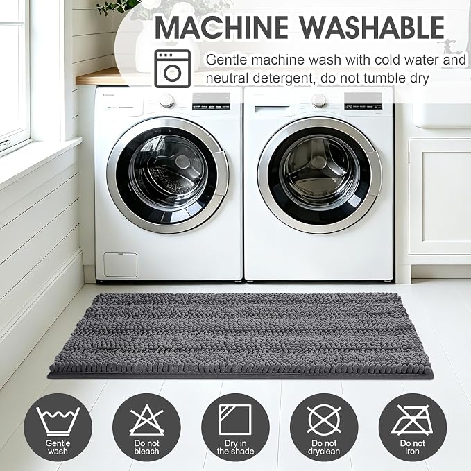 Striped Grey Bathroom Rug Mat Set 2 piece 32"x20"+24"x17" Ultra Soft, Non Slip Chenille Bath Rugs, Absorbent Plush Shaggy Bath Mats for Bathroom, Bedroom, Kitchen, Shower, Tub,Dark Gray, Charcoal