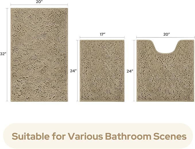 HOMEIDEAS Taupe Chenille Bathroom Rugs Set of 3, Non Slip Bath Mat | Super Absorbent, Soft Microfiber, Machine Washable, Stain Resistant, for Bathroom Decor