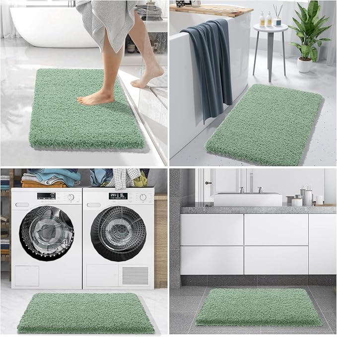 Yimobra Fluffy Plush Bath Rug, Super Shaggy Soft Comfortable Non Slip, Water Absorbent Microfiber Bath Mat, Dries Quickly, Machine Washable Thick Bathroom Rugs for Shower, 56" X 24", Pure Light Green