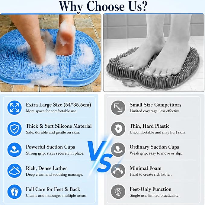 21.3" Silicone Foot & Back Scrubber Mat, Non-Slip Suction Cups Blue | Strong Suction Cups, Non-Slip,Large, Silicone, Easy-Clean, Hangable