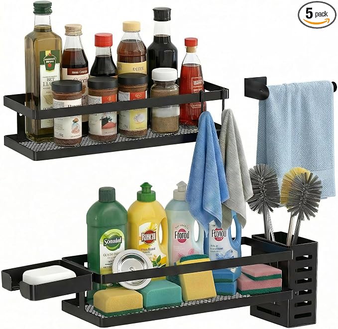 PUSDON 5-in-1 Shower Caddy & Kitchen Organizer Set, Wall Mount Wide Spice Rack with Paper Towel Holder, Utensil Holder, Soap Dish, Rustproof Mesh Baskets Hold 50LBS - Matte Black, Guardrail