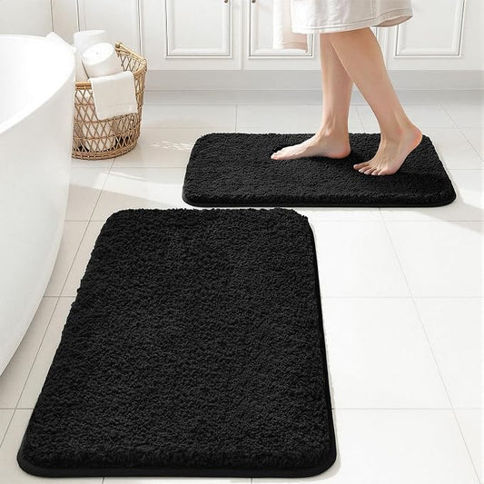 MIULEE Black Bathroom Rugs Set 2 Piece Small Soft Bath Mats 16x24 Inch | Soft Absorbent Microfiber Bath Rugs, Non Slip, Quick Dry, Fluffy Bath Rugs for Bathroom Floor Tub Showers, Machine Washable