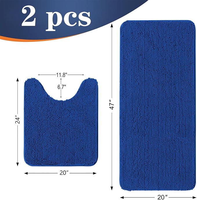 OLANLY Chenille Bathroom Rugs Mats Set 2 Piece, 47"x20"+24"x20", Royal Blue | Soft Absorbent Bath Mat and U-Shaped Contour Toilet Rug Set, Quick Dry, Machine Washable Bath Carpet, Home Decor Accessories