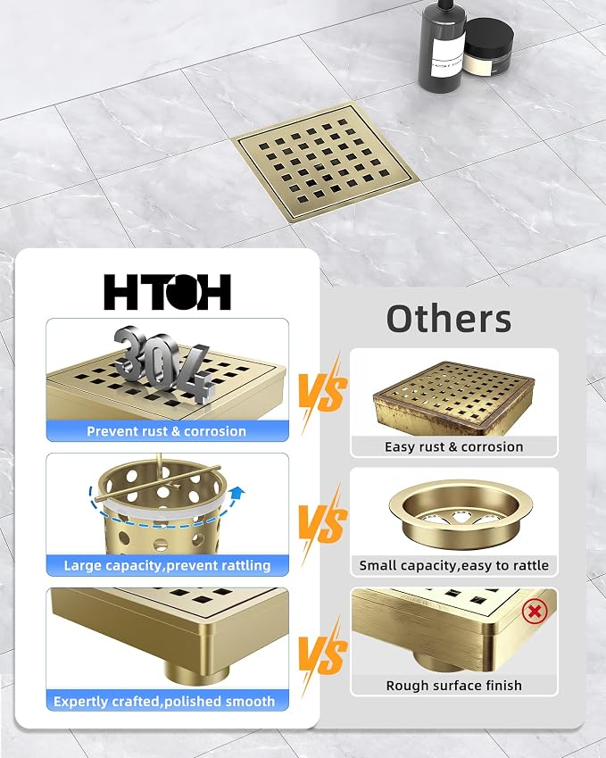 4 Inch Titanium Gold Shower Drain, Modern 304 Stainless Steel Square Shower Drain for Bathroom, Brushed Gold Shower Floor Drain with Grate Removable, Hair Strainer