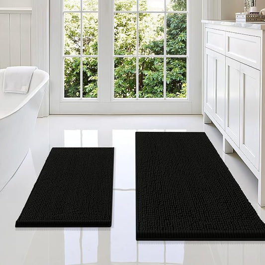 Smiry Chenille Bathroom Rugs Sets 2 Piece (36x24+24x16, Black) | Soft Absorbent Machine Washable Non Slip Shaggy Bath Rug Set for Tub, Shower, and Floor, Home Decor