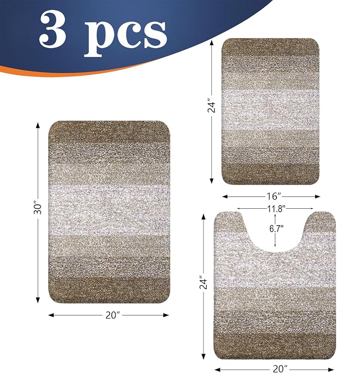 OLANLY Microfiber Bathroom Rugs Sets 3 Piece, 30"x20"+24"x16"+24"x20" | Coffe, Soft Absorbent Bath Mats and U-Shaped Contour Toilet Rug, Machine Wash Dry, Plush Shaggy Bath Mat Set for Bathroom