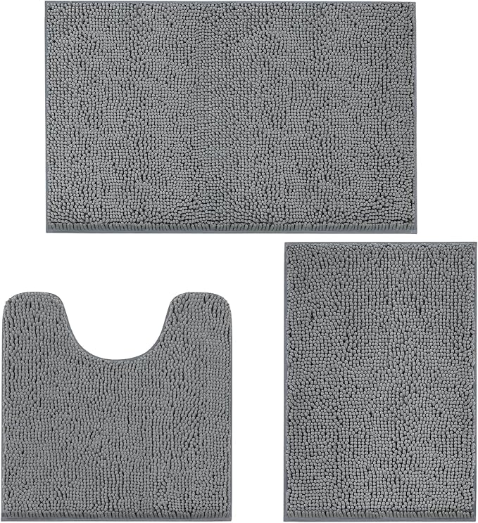 TREETONE Bathroom Rugs Sets, Thick Soft Absorbent 3 Piece Chenille Bath Rugs, Non-Slip, Dry Quickly, Machine Washable, Shaggy Mats with U-Shaped Toilet Rug for Bathroom Floor, Tub and Shower, Grey