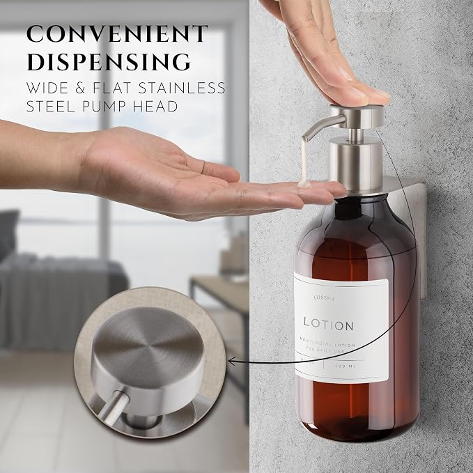 Shower Shampoo Dispenser Wall Mounted – 3 Refillable 16.9 oz Amber Bottles with Stainless Steel Pumps & No-Drill Adhesive Holders – Soap Dispenser Set for Bathroom (3 X Amber/Silver)