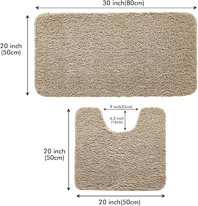MIULEE Tan Bathroom Rugs Set 2 Piece Soft Bath Mats 20x20+20x32 Inch | Absorbent Microfiber Bath Mat and U-Shaped Toilet Rug, Non Slip, Quick Dry, for Bathroom Floor Tub Showers, Machine Washable