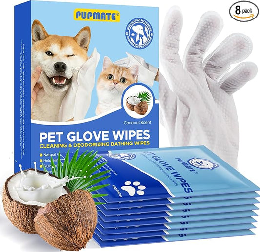Pet Cleaning Glove Wipes for Dogs & Cats, Hypoallergenic Deodorizing Disposable No-Rinse Grooming Wipes, Wipes, Perfect for Pet Dry Cleaning, Daily Care and Travel, Coconut Scent, 8 pcs