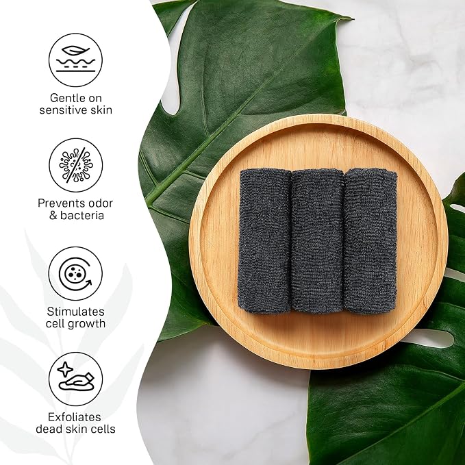 Exfoliating Washcloth Towel, Japanese Exfoliating Wash Cloth, Korean Body Scrubber Exfoliator, Back Scrubber Washer for Shower Bath, Body Scrub African Net Sponge Loofah Luffa (Black)