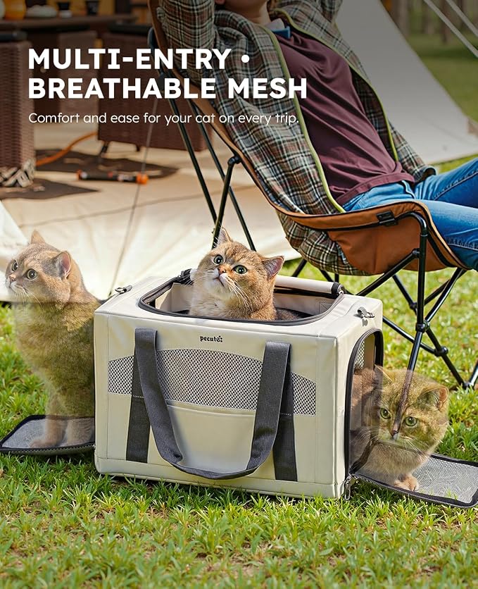 Pecute Cat Carrier Stable, Pet Carrier with Privacy Partition,Beige | Safe For Car Travel, Stable Steel Frame, Soft-Sided Pet Carrier Bag For Dogs And Cats Up To 11lbs, Foldable Design.