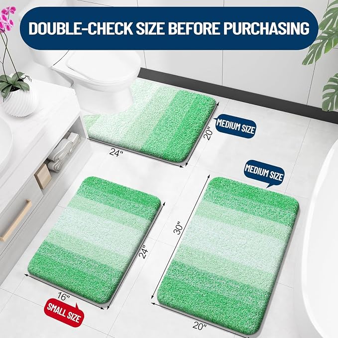 OLANLY Microfiber Bathroom Rugs Sets 3 Piece, 30"x20"+24"x16"+24"x20" | Green, Soft Absorbent Bath Mats and U-Shaped Contour Toilet Rug, Machine Wash Dry, Plush Shaggy Bath Mat Set for Bathroom
